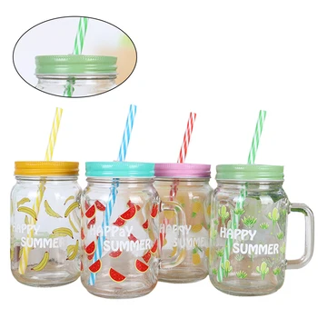 

4Pcs Water Cup with Straw Fashion Fruit Pattern Coffee Cup Glass Cup with Handle and Cover