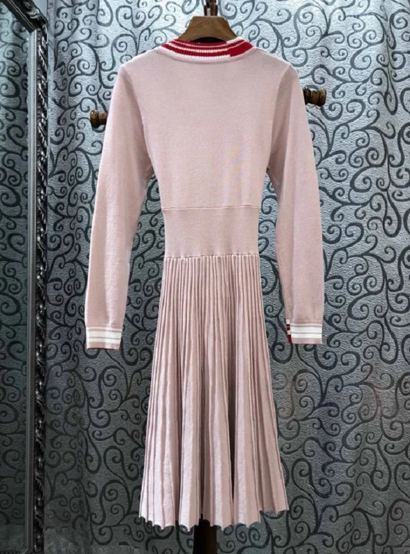 High Quality Knitted 2020 Spring Casual Long Sweater Women V-Neck Striped Print Patchwork Pink Black Dress | Женская одежда