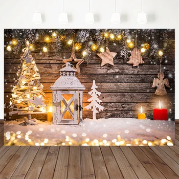 

Christmas Theme Backdrop Decorative Tree Snow Candle Stars Warm Light Wooden Photography Background For Photo Studio
