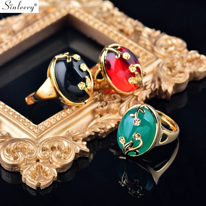 

SINLEERY Rich Oval Stone Big Rings Yellow Gold Color Black Red Zircon Flower Pattern Resizable Rings For Women Jewelry JZ636 SSD