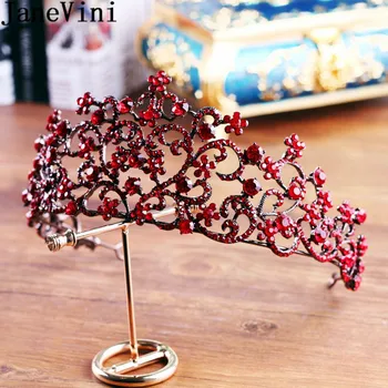 

JaneVini Vintage Red Wedding Jewelry Headdress for Bride Bridal Tiara Hair Crown Headband Baroque Crystal Beaded Birthday Crowns