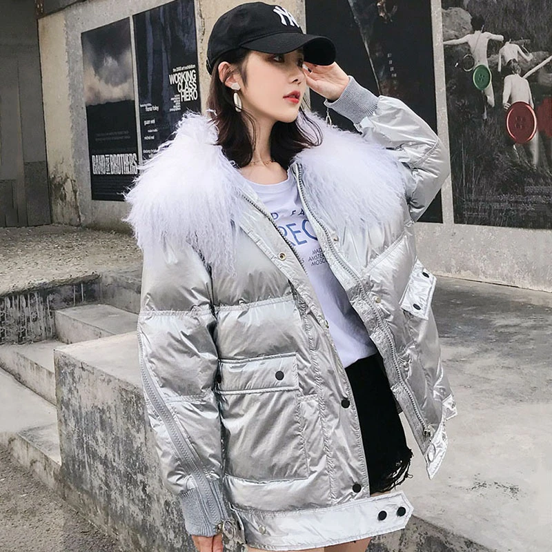 

Real Fur Collar 2019 Winter Jacket Women White Duck Down Coats Loose Parkas black Silver Outerwear Waterproof Glossy Jackets Y25