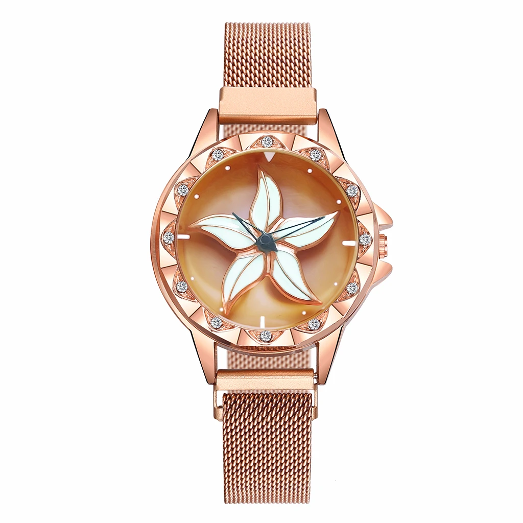 Лидер продаж, женские часы с магнитной пряжкой, вращающиеся в виде цветка, роскошные женские кварцевые часы из нержавеющей стали, часы Relogio Feminino - Цвет: rose gold