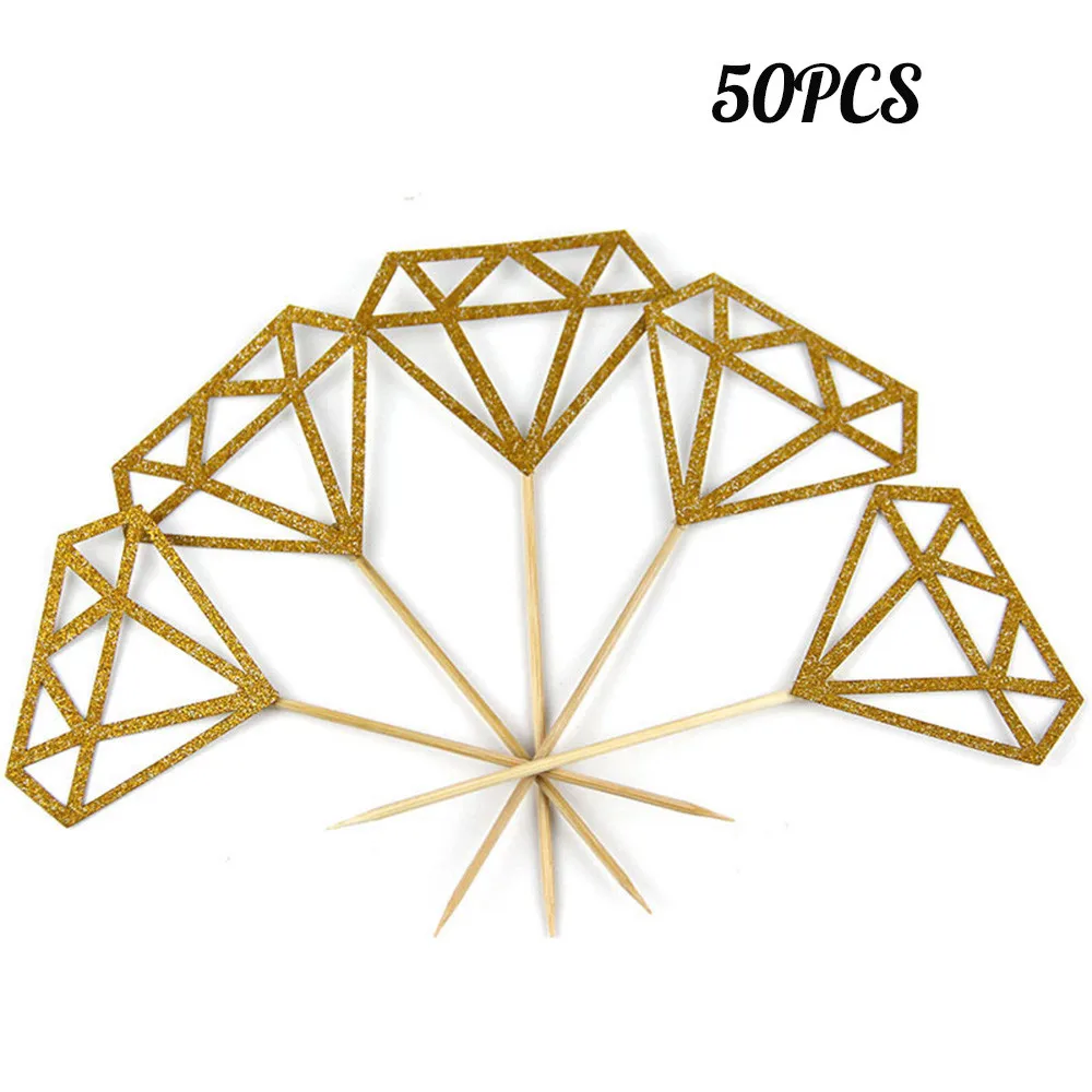 50pcs Lot Diamond Cake Topper Princess Gold Giltter Cupcake Birthday Cake Decorating Tools Kids Baby Party Decoration Bakeware