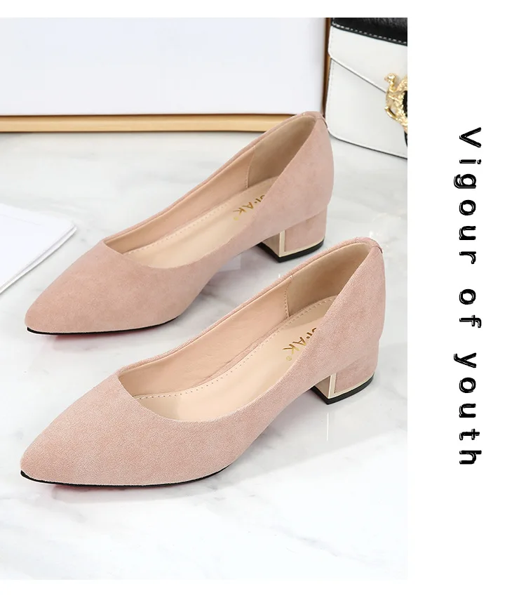 Big Size 34-43 Women Suede Leather Shoes 3.5CM High Heels Ladies Dress Work Shoes Slip On Pumps Woman Square Heels Wedding Shoes