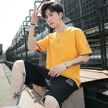 Топ с короткими рукавами, мужская летняя одежда, тренд, корейский стиль, Свободный Повседневный Спортивный летний комплект, футболка с коротким рукавом, популярный бренд для мальчиков