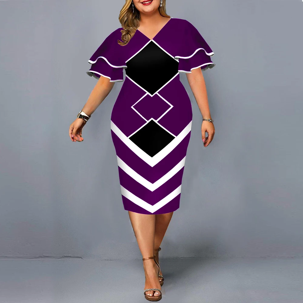 Hip Skirt Fashion V Neck Patchwork Long Sleeve Geometric Midi Dress Daily display picture 4