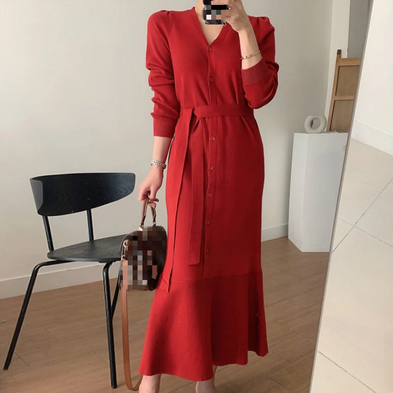 

Fashion Single Breasted Drawstring Slim Waist Sweater Dress Women 2020 Autumn Winter Korean Chic Knitted Dress Elegant Midi Dres