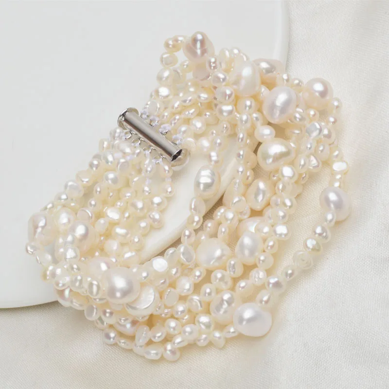 Женский браслет из 8 нитей с натуральным пресноводным жемчугом|Гибкие и жесткие