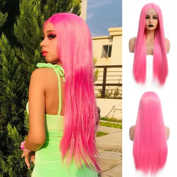 

V'NICE Pink Synthetic Lace Front Wig Middle Part Natural Glueless Heat Resistant Straight Cosplay Wigs for Black Women