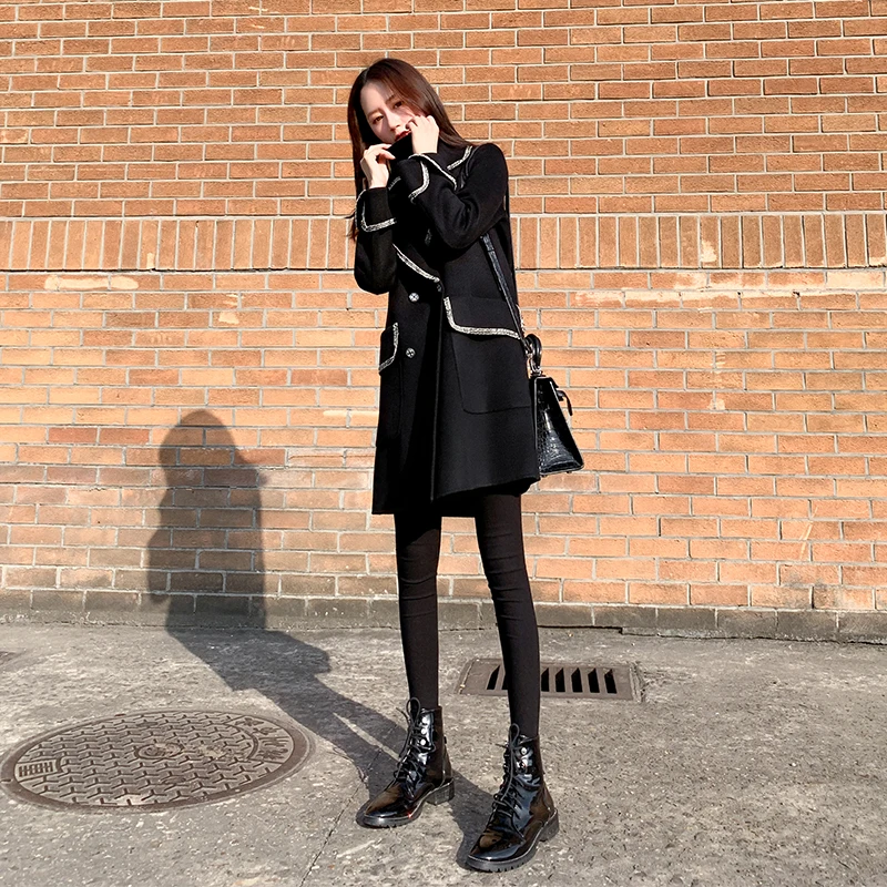 

Women's Woolen Coat Spring Autumn Long Wool Jacket Black Korean Ladies Coats Elegant Overcoat 2020 Casaco Feminino J3909