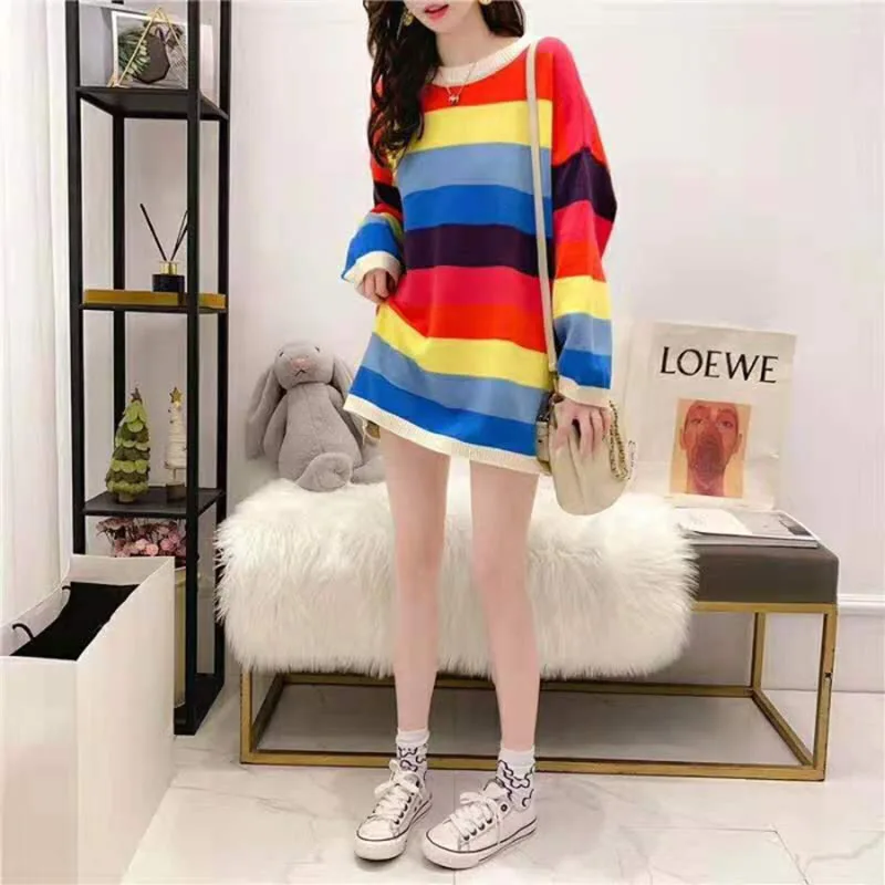 

Rainbow Womens Sweater Casual Plus Size Multicolor Knitted Autumn Winter Pullover Striped Female Jumper Maternity Knit Sweater