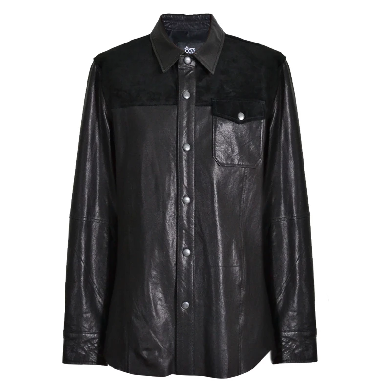 

2020 Black Men Slim Fit Leather Single Breasted Plus Size 4XL Genuine Thin Sheepskin Russian Spring Casual Natural Shirt