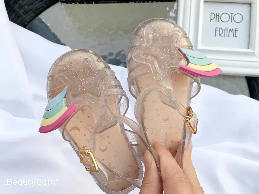 Повседневные пляжные сандалии с объемным принтом радуги и звезды для девочек; Новинка; мягкая детская обувь мини-Мелисса; сандалии; силиконовая обувь для девочек; SH19068