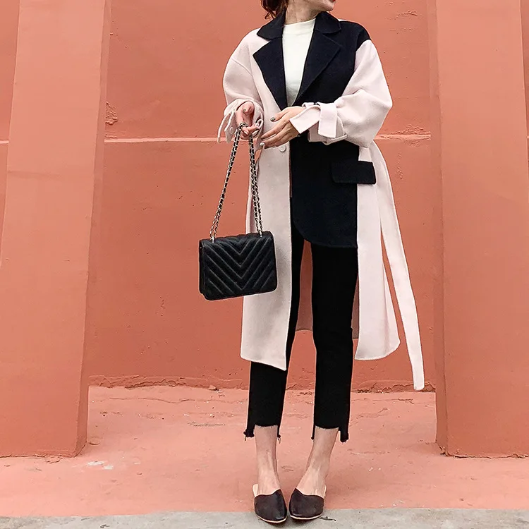 

New Color 2019 Double - Sided Wool Coat Mid - Autumn Long Wool Coat Cashmere Adjustable Waist Patchwork Long Wool Coat Women