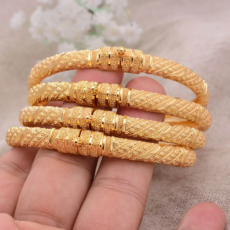 Can open 4pcs/lot Dubai Gold Color Bangles For Women Men Gold Bracelets African European Ethiopia Girls Bride Bangles Gift
