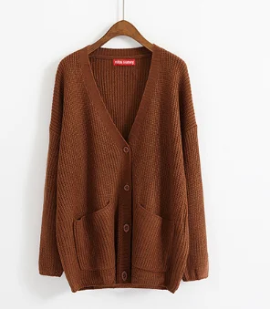 Новые женские свитера больших размеров на осень и зиму, модные повседневные Однотонные кардиганы с v-образным вырезом, однобортный Свободный кардиган с пышными рукавами - Цвет: brown