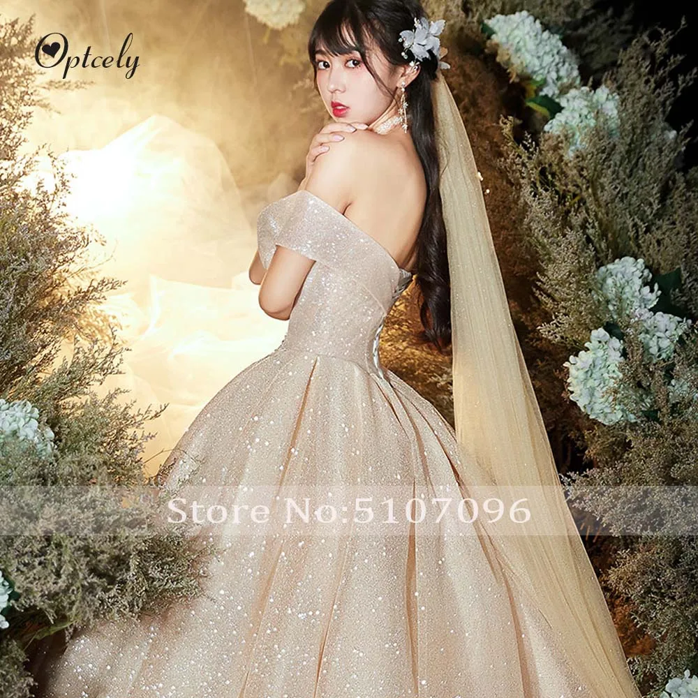 Optcely Robe De Mariee роскошное бальное платье шампанского с открытой спиной и открытыми плечами Свадебные платья качественное блестящее платье невесты