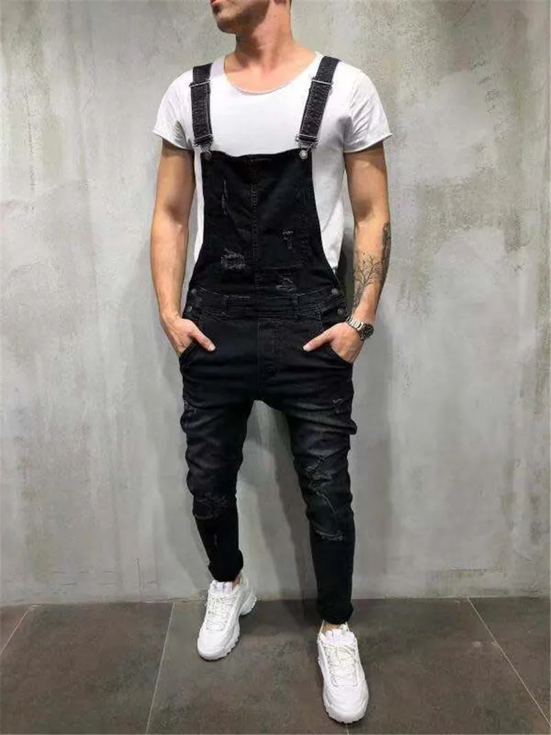 Модные Для Мужчин's Рваные джинсы комбинезоны Марка NEW Fashion Hi Street рваные джинсовые Комбинезон для человек штаны с подтяжками Размеры S-XXXL