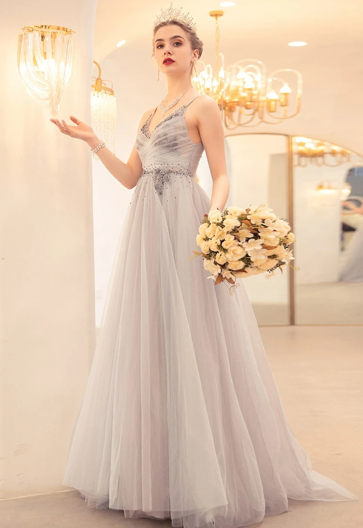 Diamond V-collar light blue Bride Wedding Toast dinner party gown