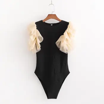 

Women O Neck Sleeveless Cascading Ruffles Patchwork Slim Bodysuit Chic Siamese Blouse High Street Female Playsuits Blusas