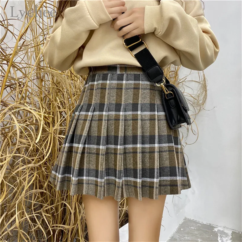 Lychee, Harajuku, клетчатая плиссированная Женская юбка, повседневная, свободная, трапециевидная, высокая талия, мини, женские юбки, весна, лето, осень, женская нижняя часть