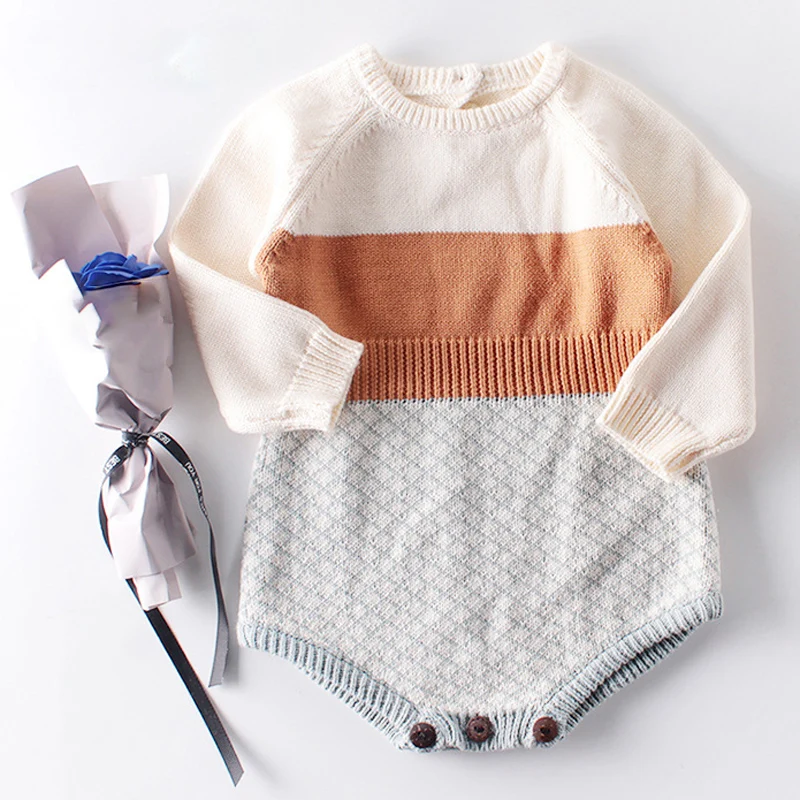 Humor Bear/осенне-зимний детский вязаный свитер, комбинезон, полосатый комбинированный Купальник для девочек, оранжевая хлопковая одежда для маленьких девочек, боди, Одежда для младенцев - Цвет: beige