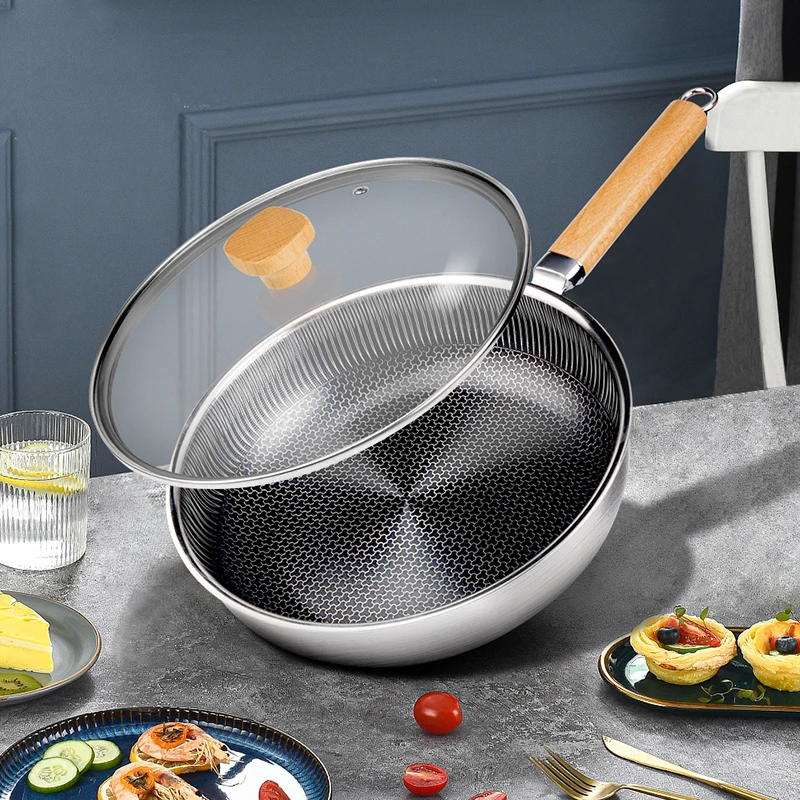 26cm New 316/304 Stainless Steel Kitchen Cookware Electromagnetic Furnace  General Honeycomb Coating Cooking Skillet Kitchen Non-stick Pan Frying Pan  304 STAINLESS STEEL 