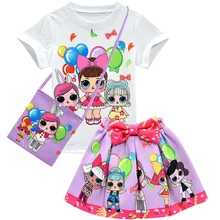 Костюм с юбкой для девочек с милым мультяшным принтом в виде куклы-сюрприза, футболка комплект из трех предметов с короткими рукавами на сумку на юбку, 2B36