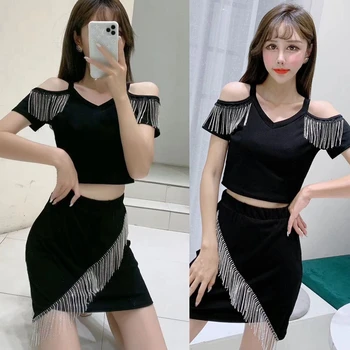 

Summer Women 2 Piece Set Heavy Water Drill Short Sleeve Suit sexy Hollow out Black T-shirt Tassel Basic Tops +Hip skirt suits