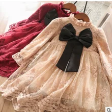 Новое зимнее корейское платье принцессы для девочек, черное кружевное платье принцессы с бантом, детская одежда