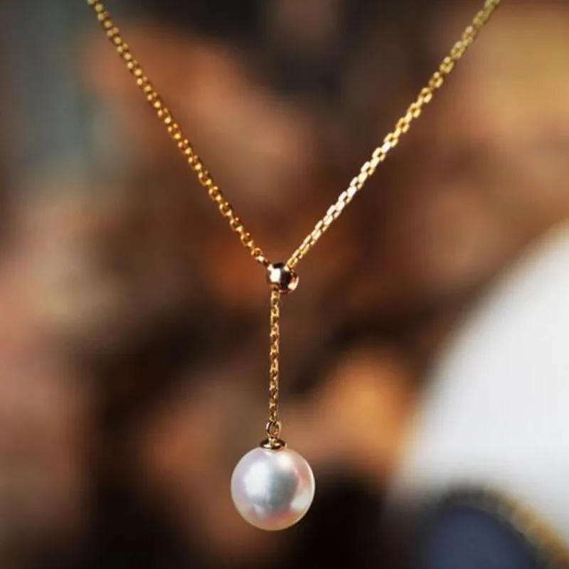free shipping 9-10mm natural seawater pearl Y shape adjustable necklace 18k gold