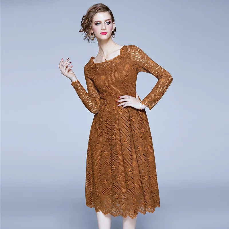 

Europe And America 2019 Autumn And Winter New Style Debutante Mid-length Lace Square Collar Long Sleeve Elegant Waist Hugging Dr