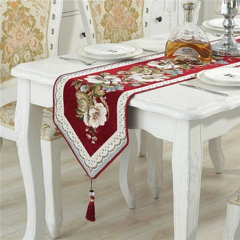 

Palace Jacquard Tassel Table Runner Chinese New Flower Decoration Tables Cloth Peony Jacquard Table Runners Home Textile Decor