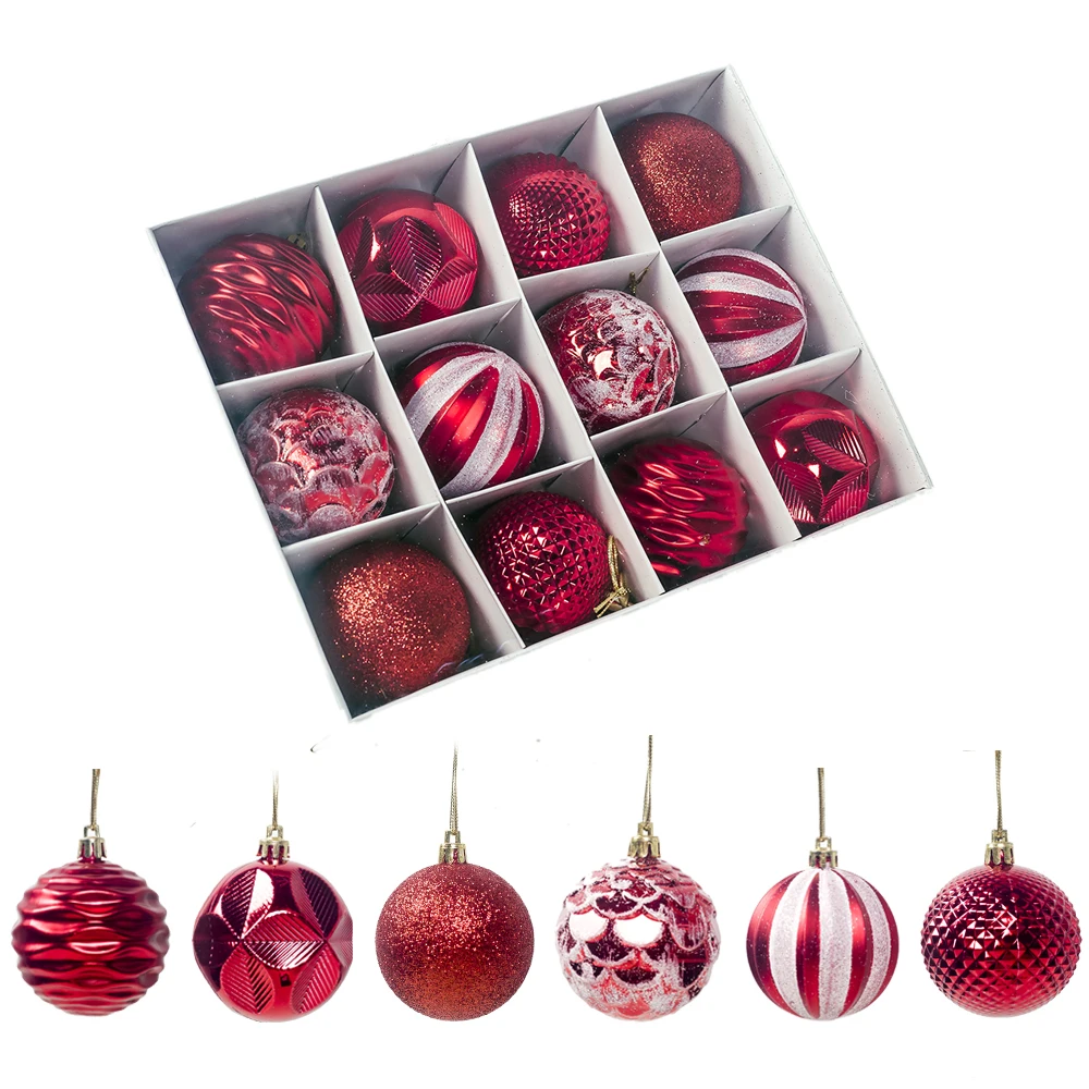 12Pcs Christmas Tree Decorations Balls Xmas Ornament Ball Glitter Hanging Ball Home Party Pendant Decor Prop Gifts Supplies - Цвет: Красный