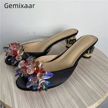 

Colorful Rhinestone Flower Decor Party Shoes Sexy Open Toe Jeweled Crystal Heel Luxury Satin Diamond Slippers Women