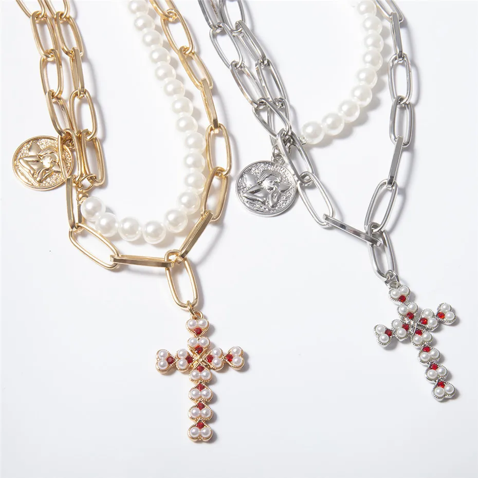 Уникальное жемчужное ожерелье-чокер, многослойное ожерелье-ошейник с крестиком из бисера, резная монета, подвеска в виде ангела, цепочка, христианское ожерелье для пары, ювелирное изделие