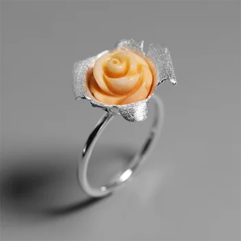 

INATURE 925 Sterling Silver Orange Coral Rose Flower Wedding Rings for Women Open Ring Jewelry Gift