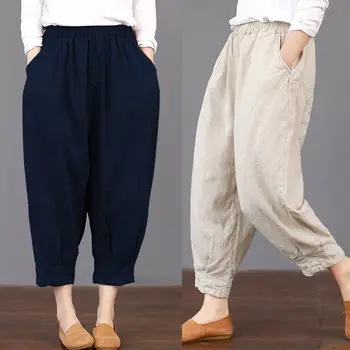 

2019 Summer Women Pockets Solid Loose Trousers Elastic Waist Harem Pants Casual Cargo Baggy Cotton Linen Pantalon Plus Size