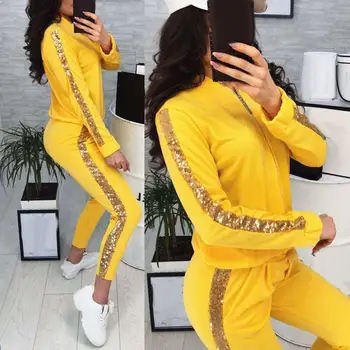 

2Pcs Women Jogging Suit Sequins Patchwork Tracksuits Sweatshirt Coat Pants Set Nylon Polyester Spandex Sequins Zip Up Tracksuit