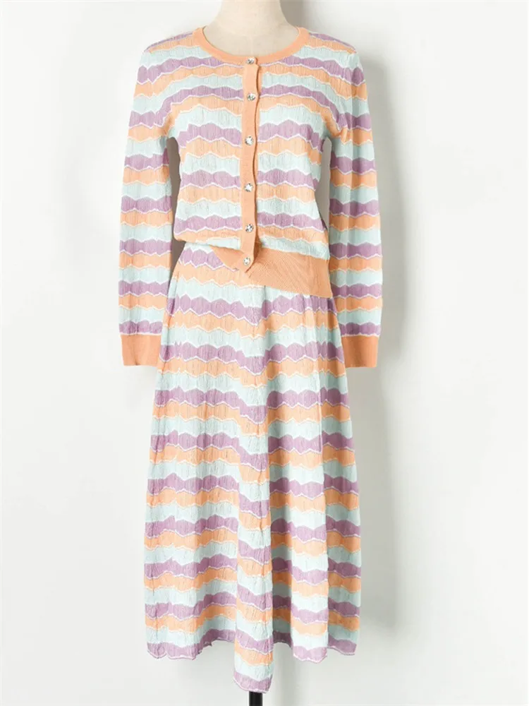

Luxury Brand Designer Runway 2 Piece Set For Women O Neck Contrast Striped Knitted Cardigan And Knitted Long Skirt Set