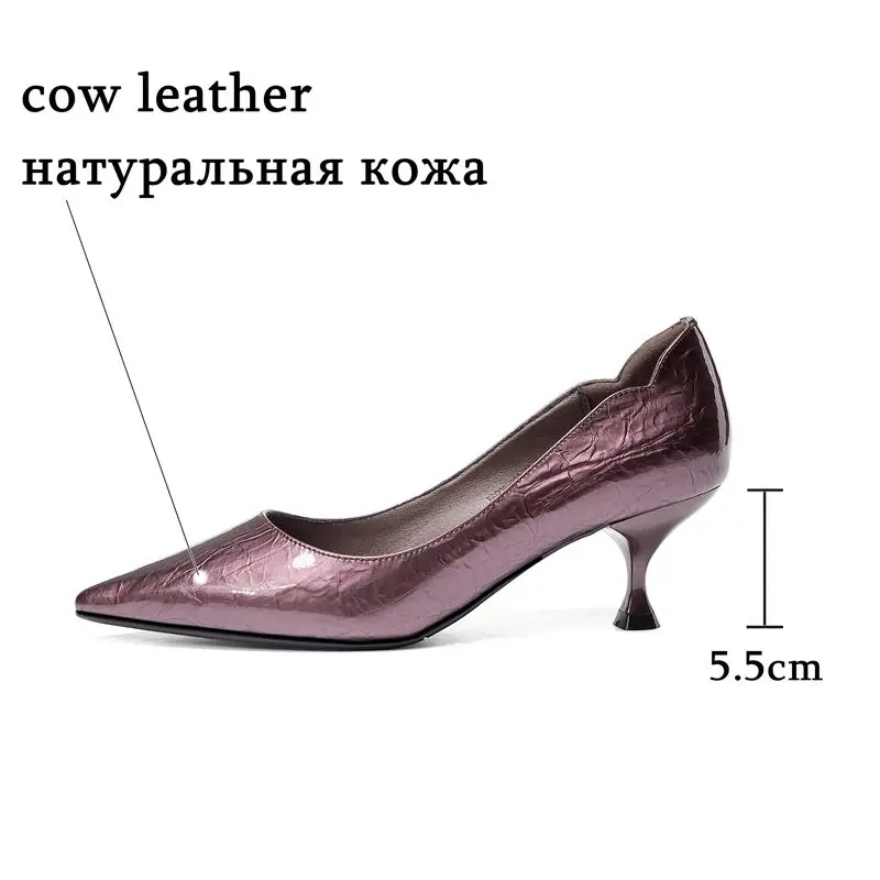 ALLBITEFO natural genuine leather women heels pointed toe high heel shoes spring autumn medium heel fashion office ladies shoes