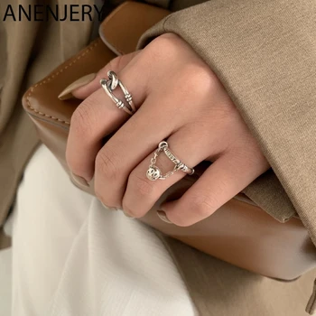 

ANENJERY Round Ball Smiling Face Chain 925 Sterling Thai Silver Ring Cross Twining Open Finger Ring For Women S-R700