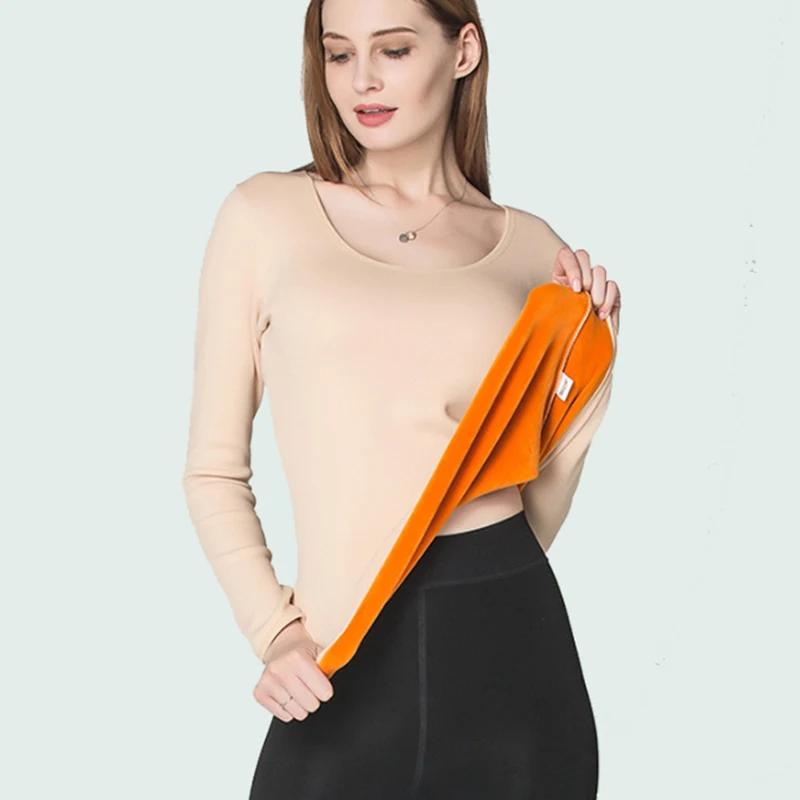 3XL Long Sleeve Single Layer Velvet Thermal Clothing For Women Winter Underwear O-neck Basic Thermos Tops Female Second Skin