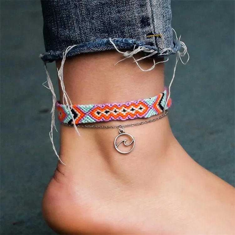 Models in Europe And America Summer Beach Double Layer Wave Anklet Ethnic-Style Hand-woven jiao shi pin