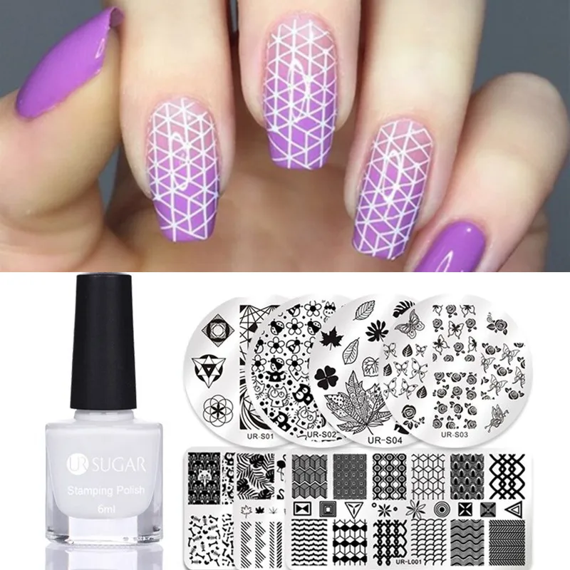 

UR SUGAR 2Pcs/set Nail Stamp Polish Template Set Valentine's Floral Stamping Plate with Gold Sliver Stamping Polish DIY
