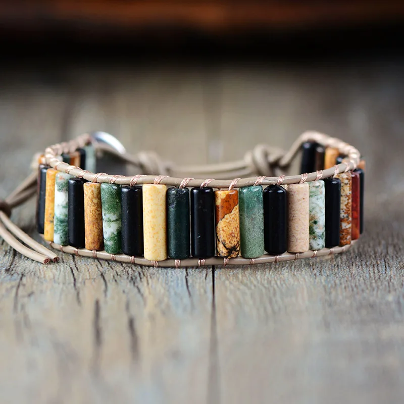 Unique Boho Tube Shape Natural Stones Single Leather Wrap Bracelets Handmade Bohemian Weaving Bracelet Leather Jewelry