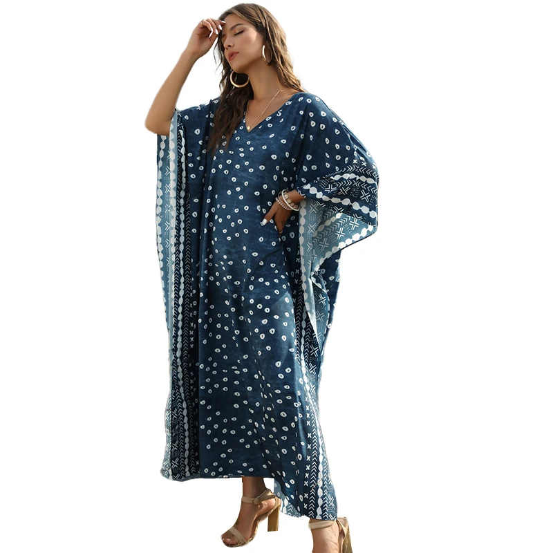 Women's Batwing Sleeve Long Caftan Printed Lounger Kaftan Dress Bathing Suit Bikini Swimsuit Beach Swimwear Cover Up | Женская