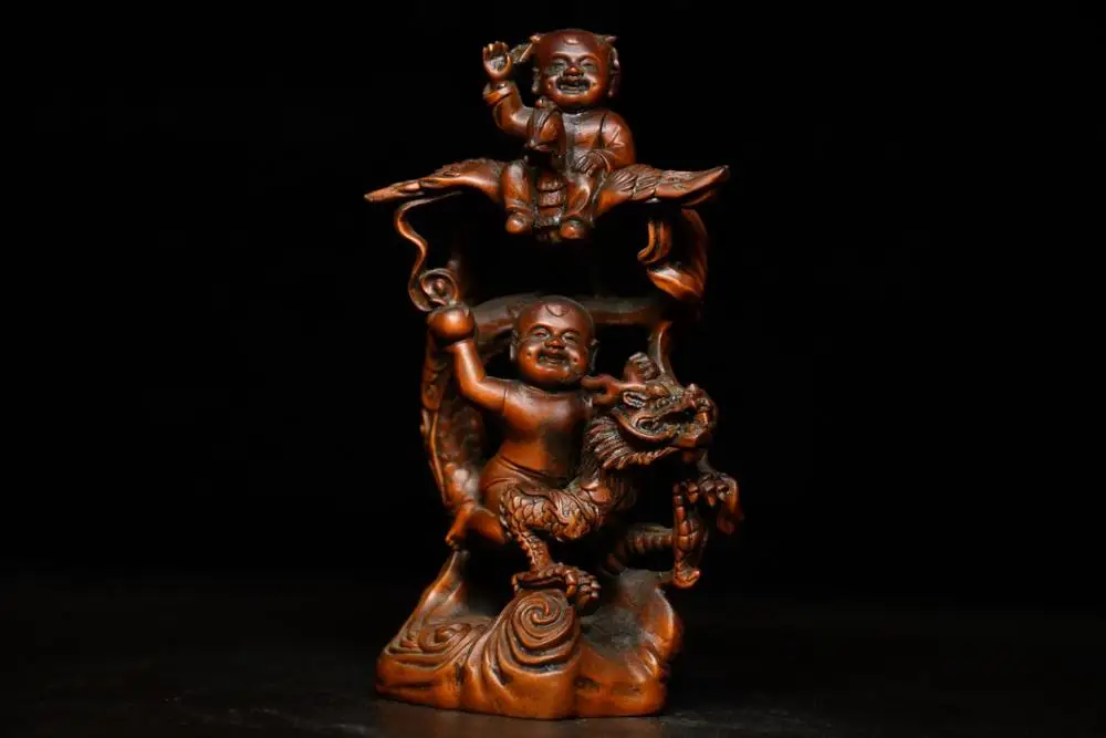 

6" China Lucky Seikos Boxwood Dragon and Phoenix Boy Statue Dragon and Phoenix Golden Boy and Jade Girl Wood Carving