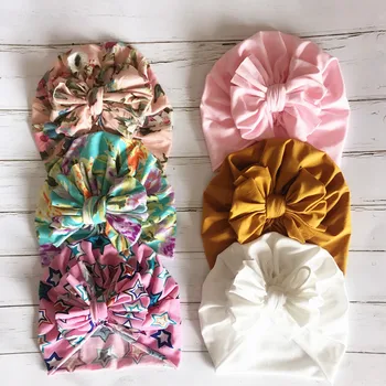 

9Pcs/Lot 2020 Kids Fashion Big Bows Printed Hat Turban Baby Girls Elastic Hats Hair Bands Bezel Wholesale Hair Accessories
